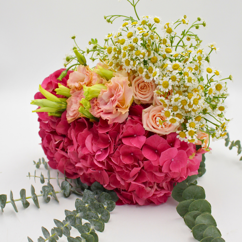 hydrangeas with eucalyptus, roses, eustomas packed for a flower subscription box from a fresh flower wholesaler 